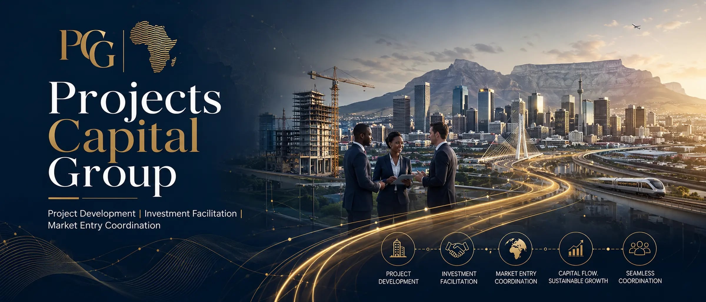 Projects Capital Group — project development, investment facilitation, and market entry coordination. A modern African city skyline with active construction, infrastructure, and professionals collaborating on site.